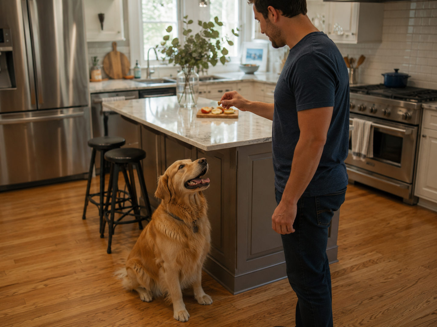 Owner training a calm golden retriever with a treat in a bright kitchen